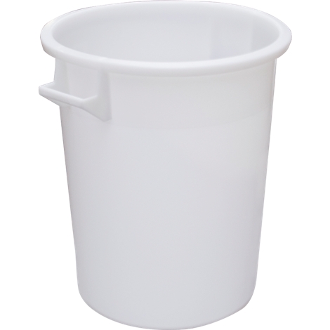 Seau cylindrique blanc avec poignées. Un bord en haut, avec un corps lisse en dessous.