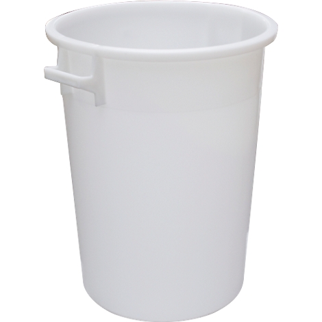 Un seau blanc, cylindrique avec poignée. Le bord est renforcé.