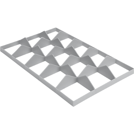 Grey rectangular divider, divided into individual compartments, arranged in a zigzag pattern.