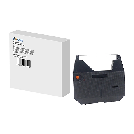 Eine schwarze Farbbandkassette mit einer weißen Produktverpackung. Auf der Verpackung steht G&G.