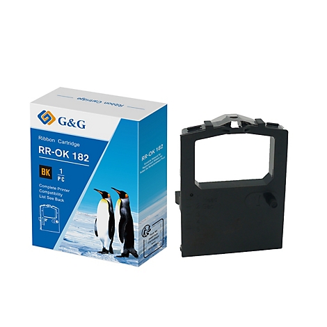 Zwart lintcassette naast een productdoos met pinguïns, gemarkeerd "RR-OK 182".