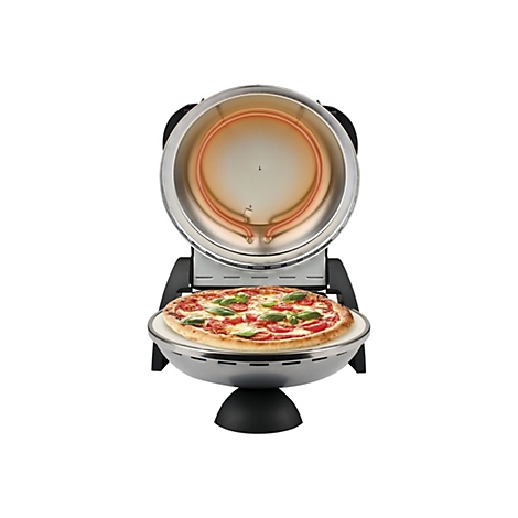 Elektrischer Pizzaofen mit geöffnetem Deckel, innen glühendes Heizelement, auf dem Stein liegt eine Pizza Margherita.
