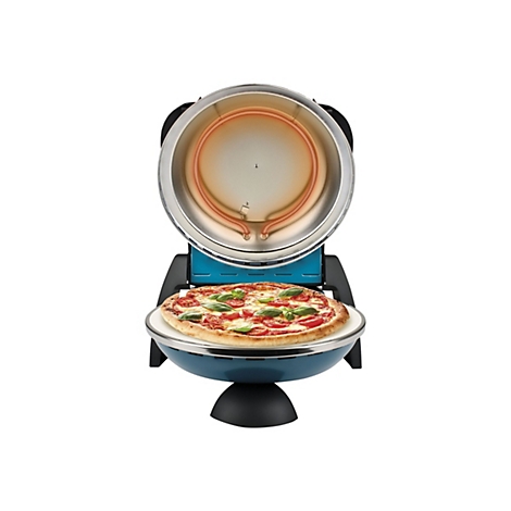 Blauer Pizzaofen mit geöffnetem Deckel, in dem eine Pizza auf einem Stein backt.