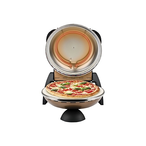 Geöffneter elektrischer Pizzaofen mit einer frisch belegten Pizza auf dem Stein.