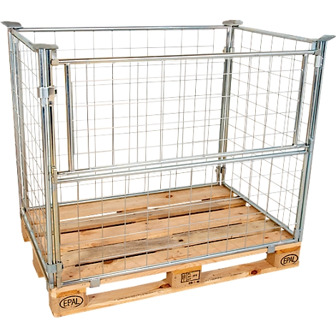Gaasbox op een Europallet. Hij is leeg, de zijkanten zijn van gaas, de bodem is van hout. Het Europallet logo is duidelijk zichtbaar.