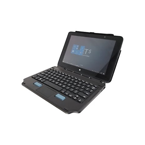 Schwarzes Tablet mit Tastatur, Bildschirm zeigt Text und Icons. Blaue Tasten am Touchpad.