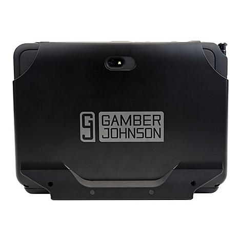 Schwarzes Tablet mit Logo "GAMBER JOHNSON" und Kamera. Rückansicht, Detailansicht.