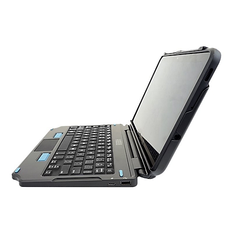 Schwarzes Tablet mit Tastatur, halb geöffnet. Blaue Akzente an der Seite und auf dem Touchpad.