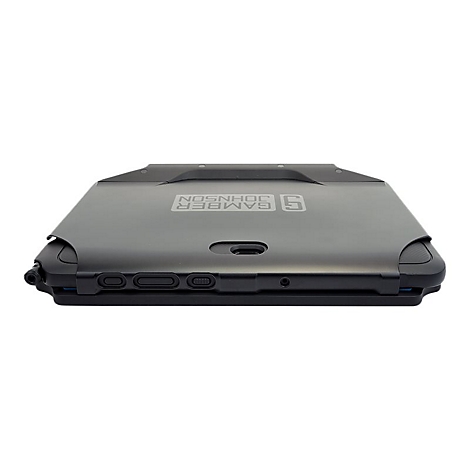 Schwarzes Tablet mit Logo "GAMBER JOHNSON" auf weißem Grund. Auf der Seite befinden sich Knöpfe und Anschlüsse.