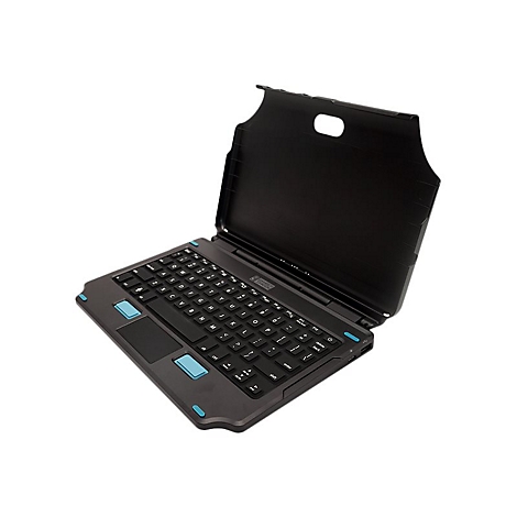 Schwarze Tablet-Tastatur mit integriertem Touchpad. Blaue Akzente an den Ecken und Tasten.