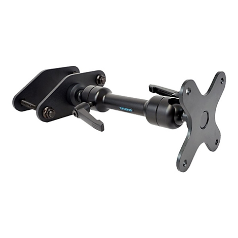 Support de moniteur noir sur fond blanc. Fabriqué en métal avec des vis et un mécanisme pivotant.