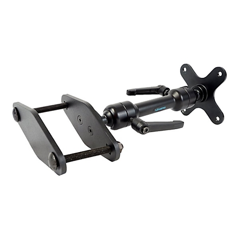 Support d'écran noir, détails de la construction : vis, leviers, joints pivotants et un support en forme d'étoile.