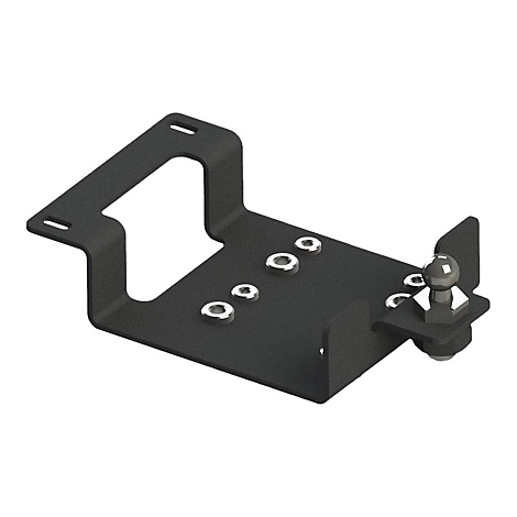 Support métallique noir avec trous et rotule pour attelage de remorque.