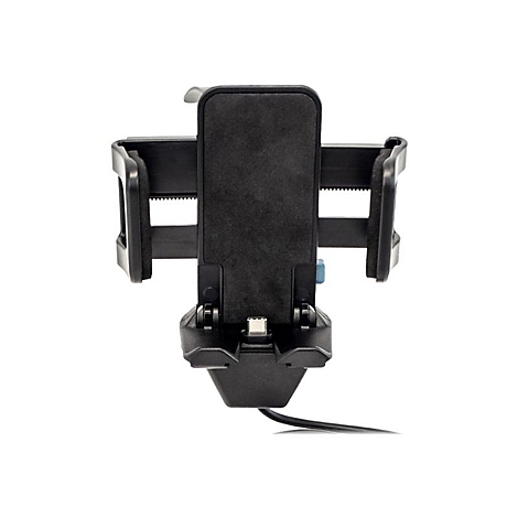 Support de téléphone noir avec pinces et câble, sur fond blanc.