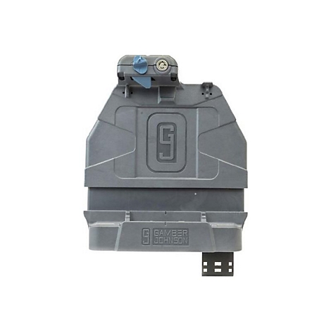 Support gris pour appareils électroniques avec logo et inscriptions.