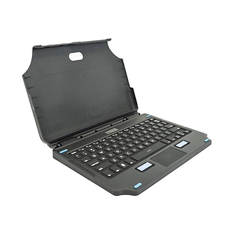 Clavier noir avec pavé tactile intégré. Le couvercle supérieur est ouvert.