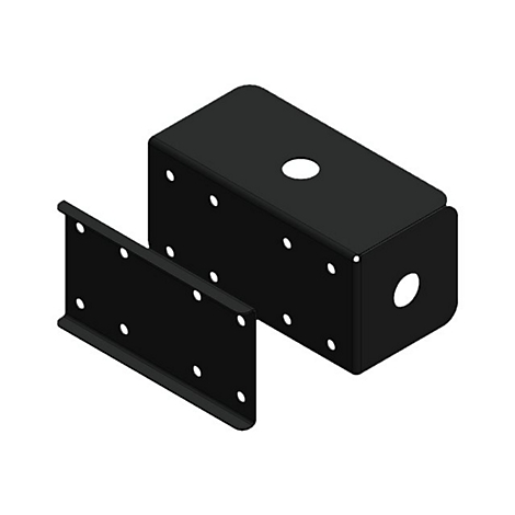 Schwarze Metallkonstruktion mit Löchern und einem separaten Metallstück.