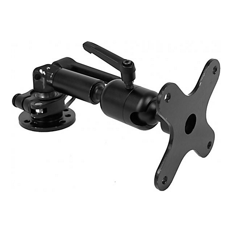 Schwarze Monitorhalterung, Metall, mit Knöpfen und Gelenken, vor weißem Hintergrund.