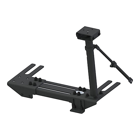 Schwarze Metallkonstruktion mit Auslegern, Säule und Halterung. Schrauben und Muttern verbinden die Teile, die vor weißem Hintergrund stehen.