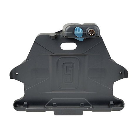 Graue Tablet-Halterung mit Schloss und blauem Hebel. Ein schwarzes „S“ in der Mitte. Rechteckige Form.