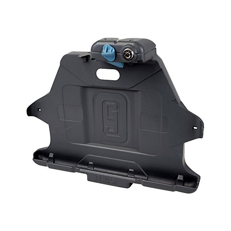 Dunkelgraue Tablet-Halterung mit Schloss und blauem Hebel. Ein Logo ist sichtbar.