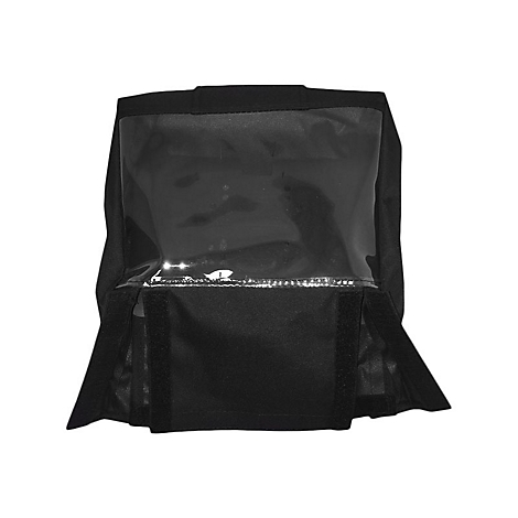 Schwarze Schutzhülle mit Fenster, Klettverschluss und breitem Rand.