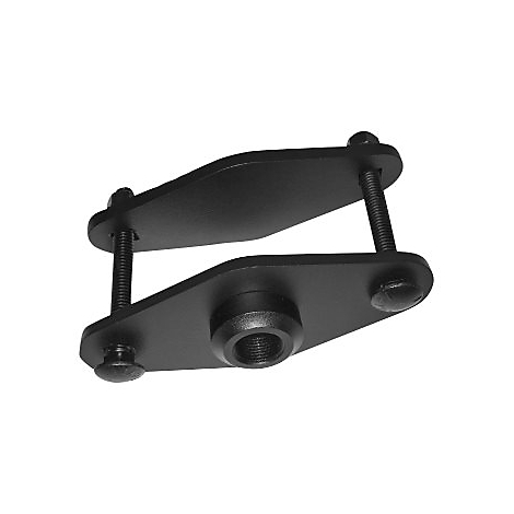 Schwarzes Metallteil mit zwei Platten, die durch Schrauben verbunden sind.