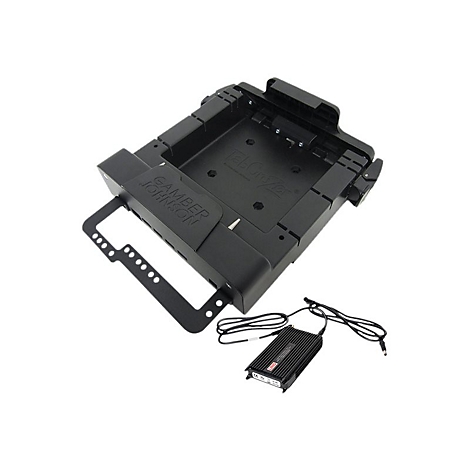 Schwarze Tablet-Halterung mit Zubehör. Aufschrift Gamber Johnson. Stromversorgung mit Kabel.