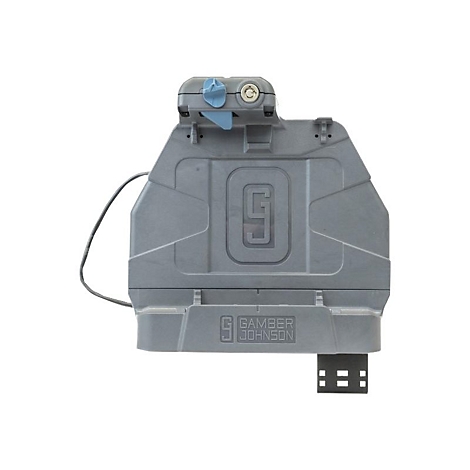 Grauer, eckiger Apparat mit blauer Lasche und 'Gamber Johnson'-Schriftzug.