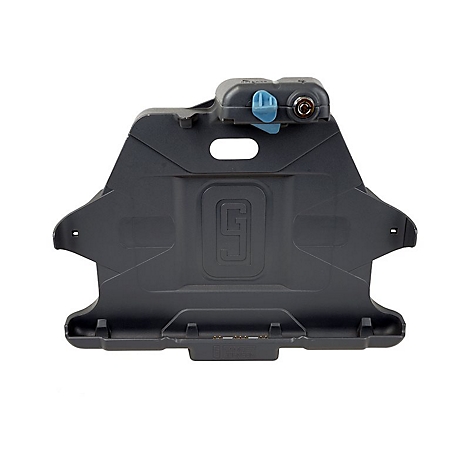 Dunkelgraue Tablet-Halterung, mit Schloss und Logo. Auf weißem Hintergrund.