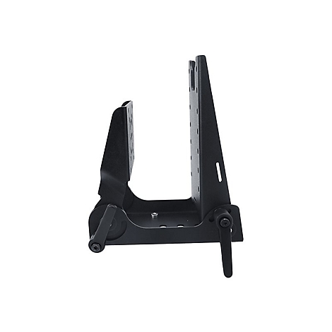 Schwarzer Metall-Halter. Vertikale Platte mit Löchern und Winkel. Einstellbarer Hebel für eine sichere Positionierung.