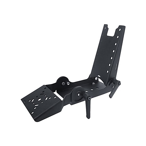 Schwarze Metallhalterung, mit Schrauben und Hebeln, auf weißem Hintergrund.