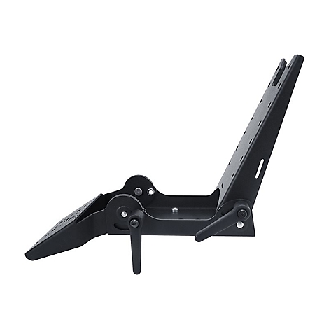 Schwarze, winkelverstellbare Halterung aus Metall. Sie hat mehrere bewegliche Teile und Löcher.