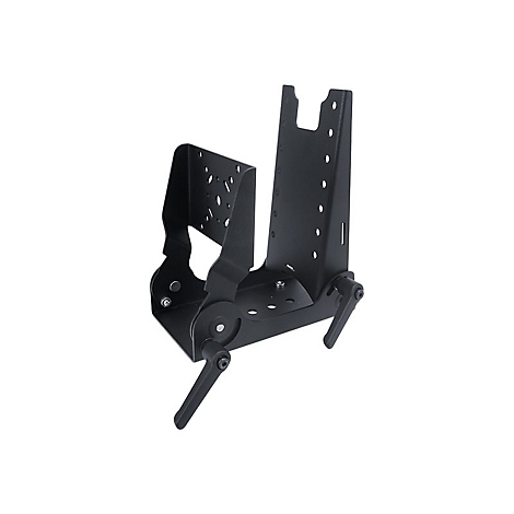 Schwarze Metallhalterung mit Griffen und Lochmustern; für Montage an Wand oder Decke.