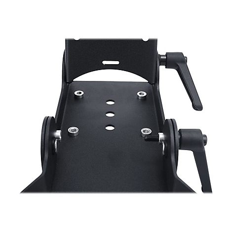 Detailaufnahme einer schwarzen, metallenen Halterung mit Schrauben und Griffen. Der Hintergrund ist weiß.