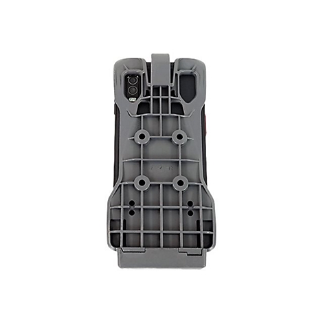 Graue Smartphone-Schutzhülle von hinten. Deutlich sind Aussparungen für Kamera und Knöpfe zu sehen.