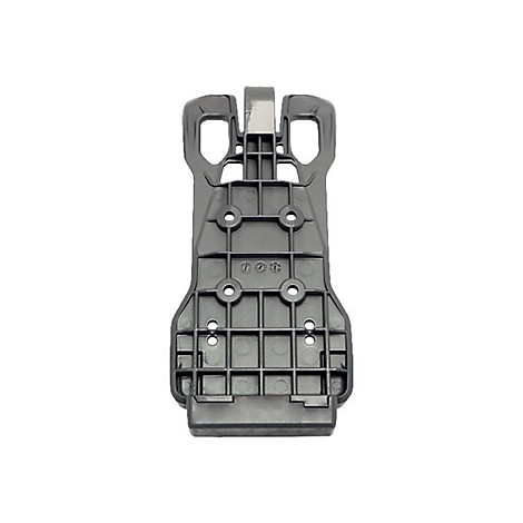 Grauer Kunststoff-Halterung, rechteckig, mit Löchern und einem Haken oben, auf weißem Hintergrund.