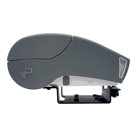 Grauer, ergonomisch geformter Kartenleser. Oben mit abgerundeter, dunkler grauer Abdeckung. Unten weißes Gehäuse. Auf schwarzer Halterung befestigt.