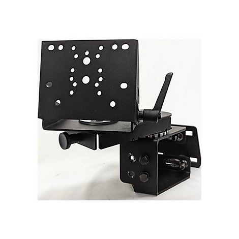 Schwarze Metallhalterung mit Bohrungen und einem Drehmechanismus. Die Halterung hat einen Griff zum Feststellen.