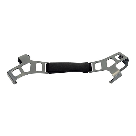 Grauer, Metall-Helmhalter mit schwarzem Polster in der Mitte. Rechteckige Öffnungen in den seitlichen Streben.