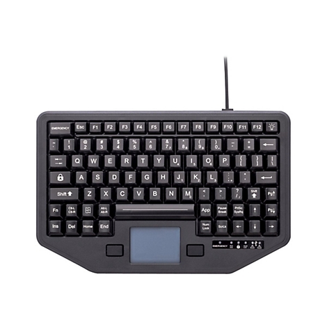 Schwarze, kompakte Tastatur mit Touchpad, Tastenbeschriftungen und Kabel.