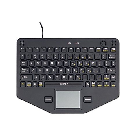 Schwarze, kompakte Tastatur mit Touchpad. Oben F-Tasten, darunter Buchstaben und Zahlen. Touchpad mittig, Kabelanschluss oben.