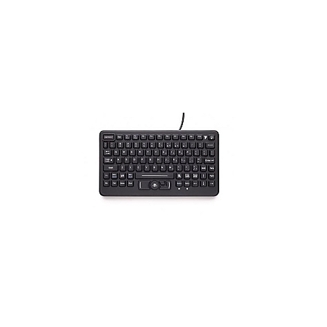 Schwarze Tastatur mit Tasten, darunter eine Bluetooth-Taste, auf weißem Hintergrund.