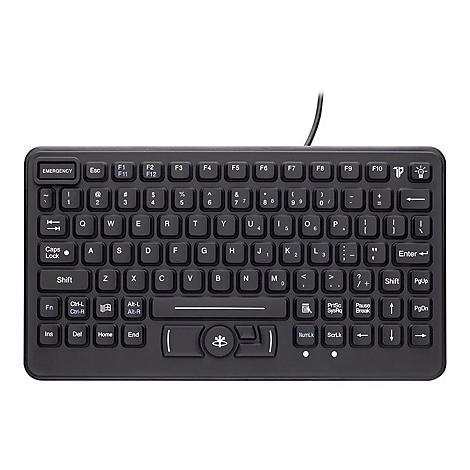 Schwarze, kompakte Tastatur mit weißen Buchstaben und Symbolen. Oben befinden sich Funktionstasten und eine Notfalltaste.