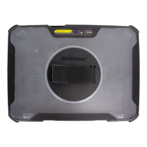 Draufsicht auf ein robustes schwarzes Tablet-Gehäuse. Ein kreisförmiges Element mit einem Gurtband befindet sich in der Mitte.