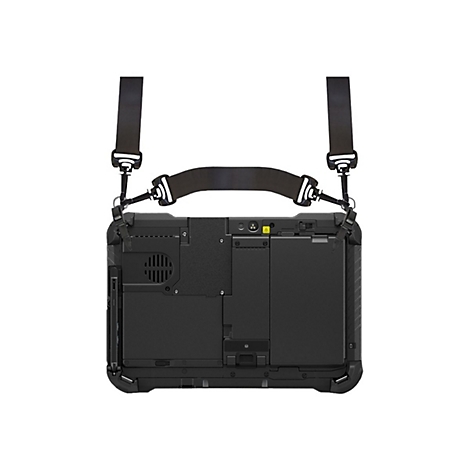 Schwarzes Tablet mit Trageriemen, Blick auf die Rückseite. Rechteckiges Gehäuse mit Lüftungsschlitzen und Anschlüssen.