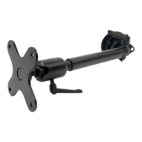 Schwarze Monitorhalterung: Sternförmige Platte mit Kugelgelenk und Arm.
