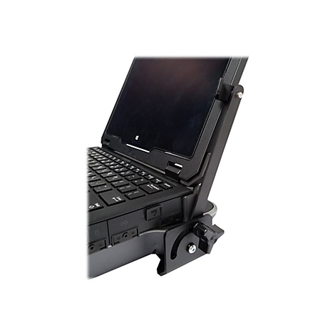 Nahaufnahme eines robusten Laptops in einer speziellen schwarzen Halterung mit Drehknopf.