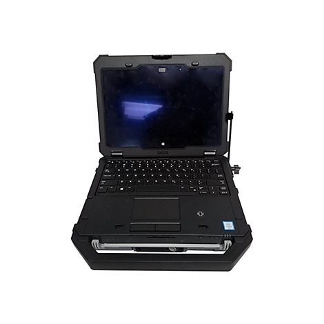 Robustes schwarzes Dell Rugged Notebook mit Tragegriff vor weißem Hintergrund.
