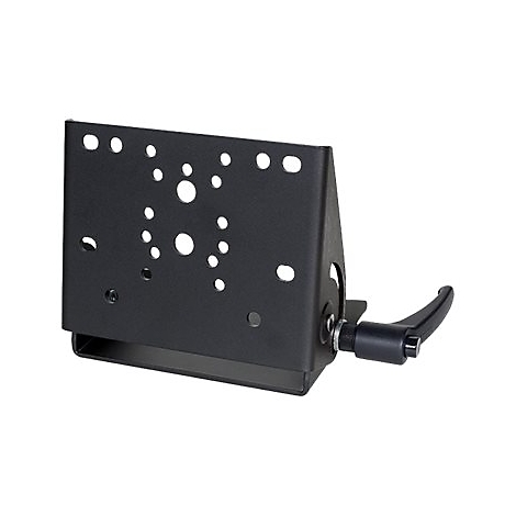 Schwarze Halterung mit vielen Löchern und einem Hebel zur Befestigung. Die Halterung hat eine rechteckige Form.